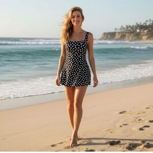 Land's End Smoothing Square Neck Ruched 1 piece  Black Egret White Tossed Dot 10